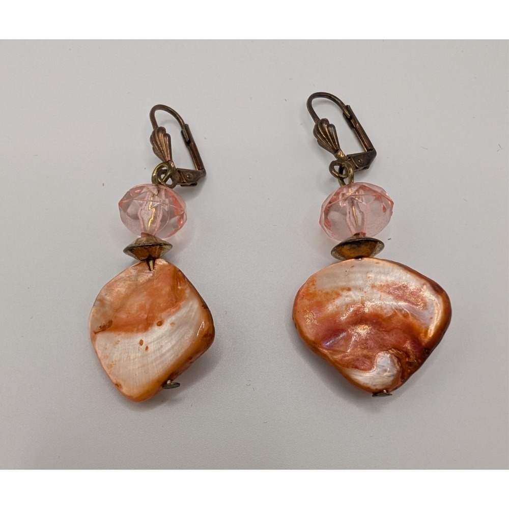 Orange Coral Mother Of Pearl Style Stone Pieces Faceted Bead Leverback